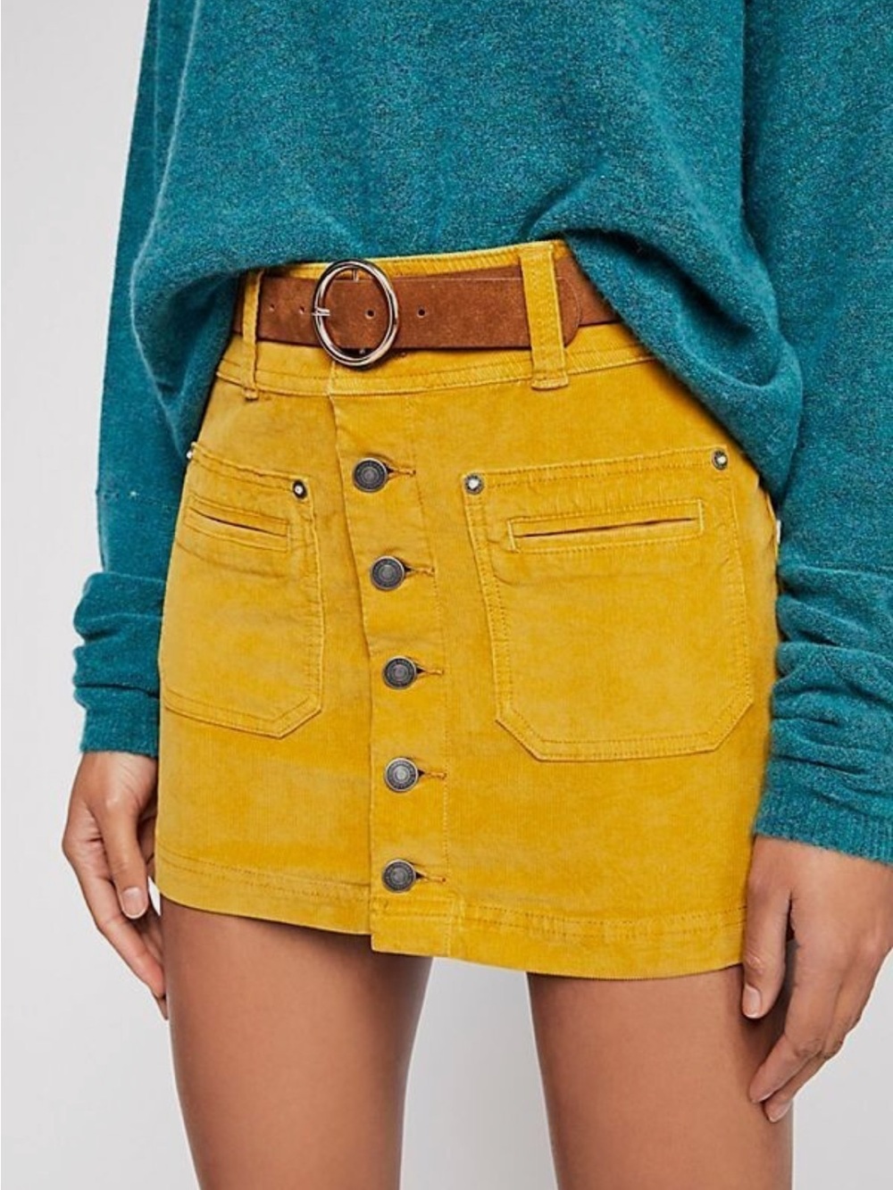 Free people Yellow Button-Front Corduroy Mini Skirt